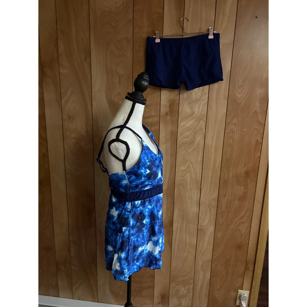 Zando Womens Tankini Swimsuit Blue Tie Dye Tummy Control Top and Boyshorts Set L